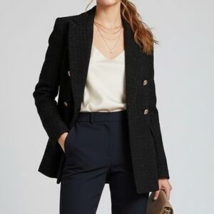 NWT Elegant Black Tweed Double-Breasted Blazer With Gold-Toned Buttons Size M